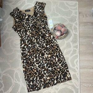 NWT🌷EVAN PICONE BLACK LABEL🌷Black brown leopard cap sleeve poly elastic dress